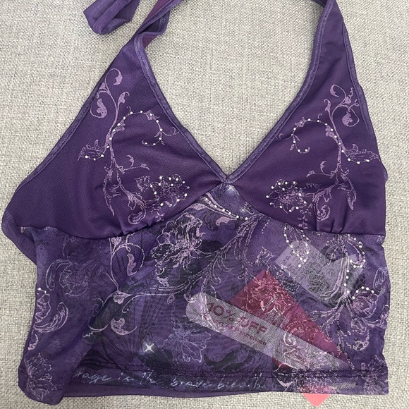 Vintage-Inspired Purple Mesh Halter Top (Size XS / US 2) – Floral & Rhinestone D - Picture 1 of 4